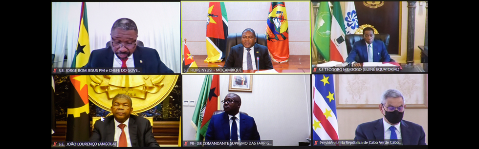 Presidente Filipe Nyusi ladeado à esquerda pelo Primeiro-Ministro de São Tomé e Príncipe, à direita pelo Presidente da Guiné Equatorial e abaixo pelos Presidentes de Angola, Guiné Bissau e Cabo Verde