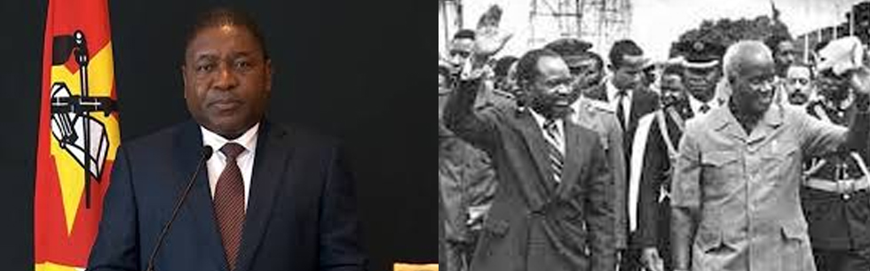 Presidente Filipe Nyusi; Presidente Samora Machel ladeado pelo Presidente Kenneth Kaunda
