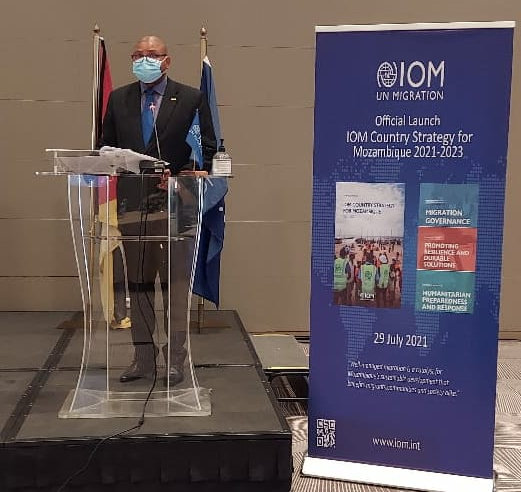 Secretário Permanente Francisco Novela discursa na cerimónia de lançamento da estratégia da OIM para Moçambique