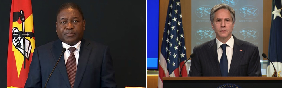 À esquerda, oPresidente Filipe Nyusi e à direita o Secretário de Estado dos Estados Unidos da América, Antony Blinken