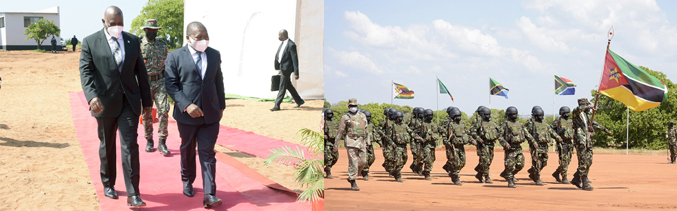 Os Presidentes Filipe Nyusi e Mokgoetsi Masisi, ao procederem ao lançamento das Força em Estado de Alerta da SAD, em Pemba