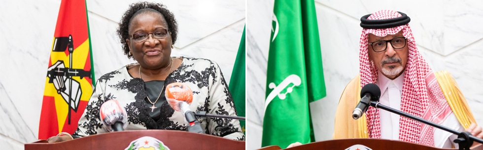 À esquerda, a Ministra Verónica Macamo e à direita o Ministro de Estado da Arábia Saudita para os Assuntos Africanos, Ahmad bin Abdul Aziz Qattan