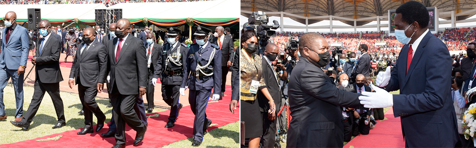 À esquerda, o Presidente Filipe Nyusi ladeado pelo homólogo da África do Sul. À direita o Presidente ao saudar o novo Presidente da Zâmbia, Hakainde Hichilema