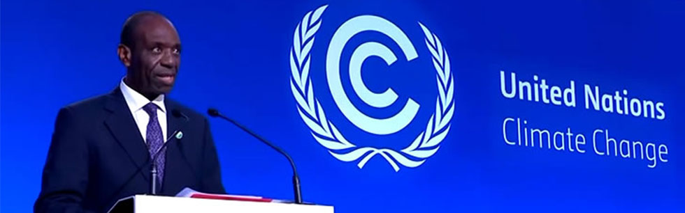 Promeiro-Ministro Carlos Agostinho do Rosário discursa na sessão de alto nível da 26ª Conferência sobre Mudanças Climáticas em Glasgow