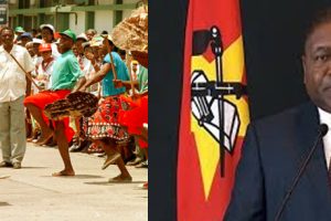 À direita o Presidente Filipe Nyusi e à esquerda imagem que ilustra a visita que a Rainha Elizabeth efectuou a Moçambique em 1999