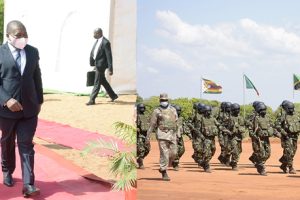 Os Presidentes Filipe Nyusi e Mokgoetsi Masisi, ao procederem ao lançamento das Força em Estado de Alerta da SAD, em Pemba