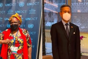 A Ministra Verónica Macamo nas audiências com o Subsecretário Geral da ONU Contra o Terrorismo, Vladimir Voronkov, à esquerda, e com o Ministro dos Negócios Estrangeiros da Singapura, Vivian Balakrishnan, à direita