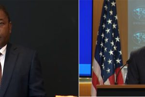 À esquerda, oPresidente Filipe Nyusi e à direita o Secretário de Estado dos Estados Unidos da América, Antony Blinken