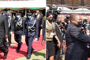 À esquerda, o Presidente Filipe Nyusi ladeado pelo homólogo da África do Sul. À direita o Presidente ao saudar o novo Presidente da Zâmbia, Hakainde Hichilema